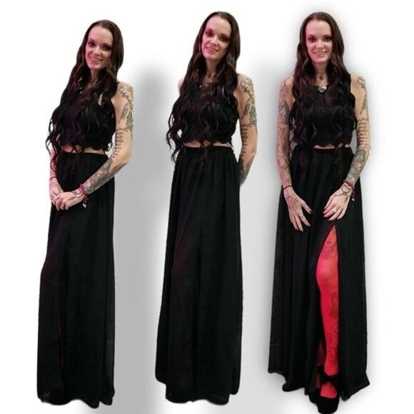 Lulus ✦ Black Lace Crop Top & Maxi Skirt Set ✦ High Slit Lace-Up Back Size S EUC - Picture 14 of 16